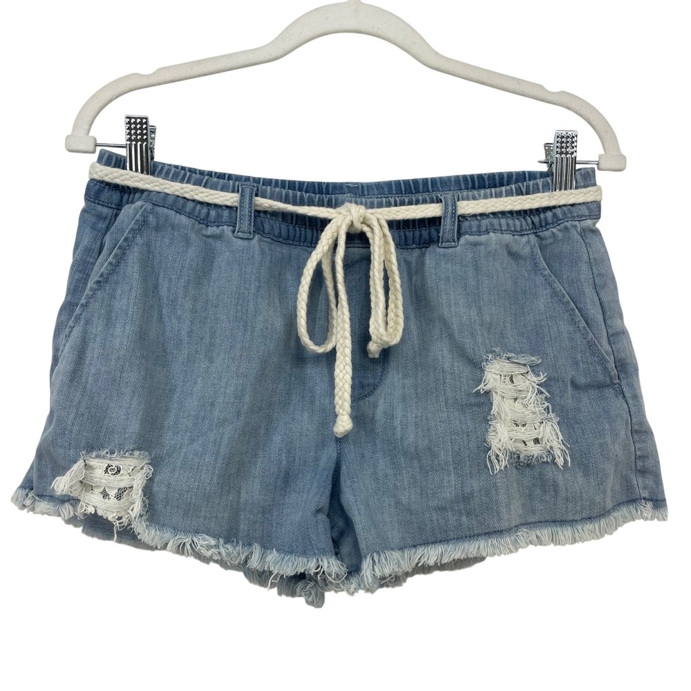 Aerie Size Small Denim‎ Shorts Blue Distressed Lace Inset Rope Belt Frayed Hem
